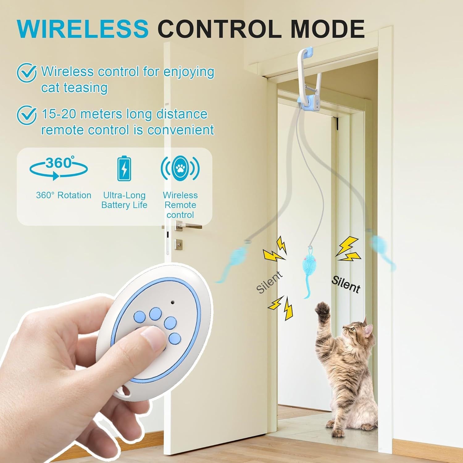 Remote Control Door Cat Toy – 3 Mice & Elastic Rope Included